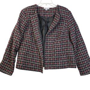 Pendleton VTG Wool Blend Open Front Plaid Blazer Red Charcoal 18W Deadstock